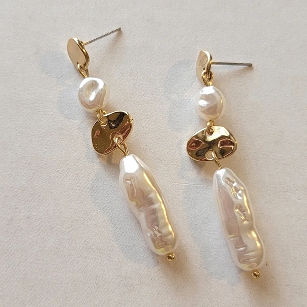 Gold Tone Pearl Linear Imitation Pearl Drop Earrings